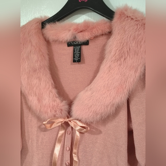 Laundry Shelli Segal Silk Rabbit Fur Sweater Women's Large Pink Fur Collar Soft - Picture 2 of 10